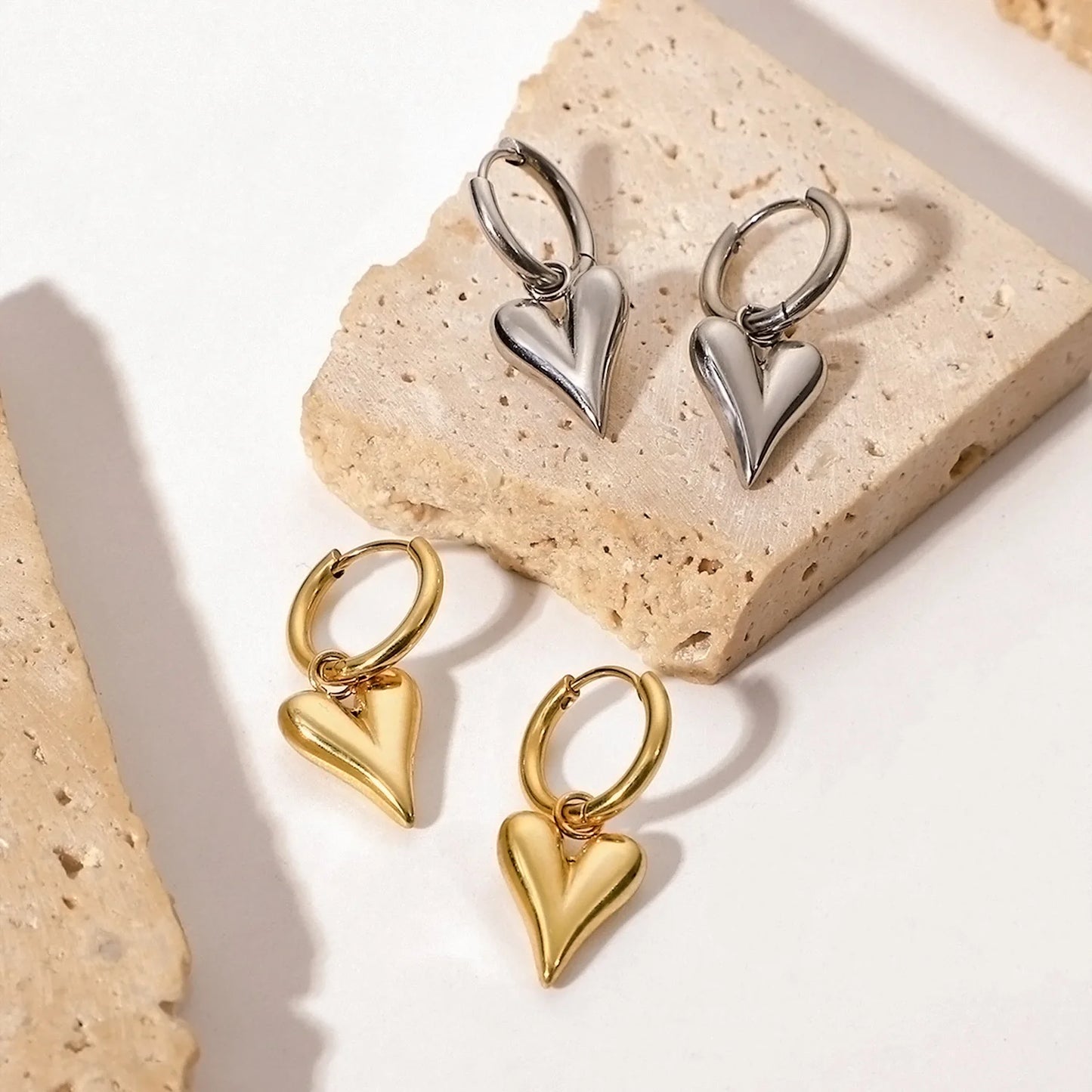 Ramos Adult Women Imitation Gold-Silver Stainless Steel Huggie Hoop Heart Studded Earrings