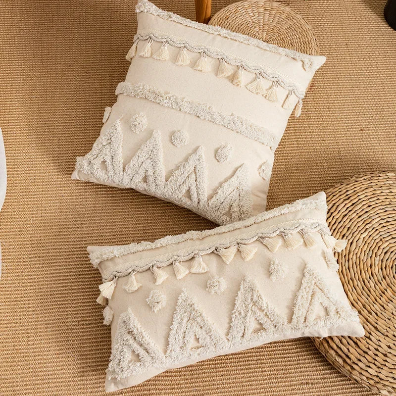 Tufted Beige Embroidered Linen /Polyester Tasseled Throw Pillows /Sizes -45 x 45cm /30 x 50cm