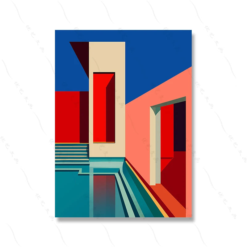 Modern Rectangle Canvas Frameless Mirrored Colorful Waterproof Ink Game Balcony-Poolside Rooftop Giclee Abstract Wall Prints/Colors-Multicolor/Blue/Red/White