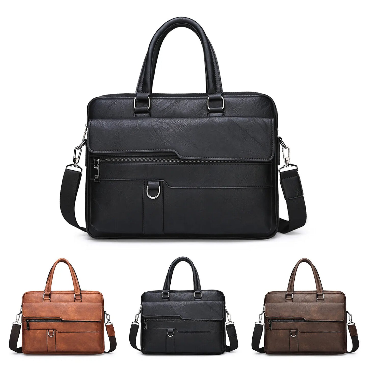 Men Waterproof Split Leather Zipper Briefcase Polyester Bags/Handles/ Shoulder Straps/Fits 14 Inch Laptop/Adjustable-Removable Strap/Single-Laptop Compartments/External Pockets/Colors-Black/Brown