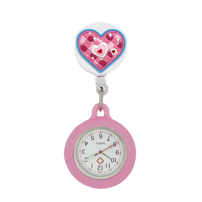 YIJIA Adults Universal Waterproof Metal Quartz Glass Face Analog Display Arabic Numeral Cartoon Cute Heart Nurse-Doctor Clip-On Hanging Lapel Silicone Cover Fob Pocket Watch/Colors-Light Blue/Yellow/Light Pink/White/Neon Pink