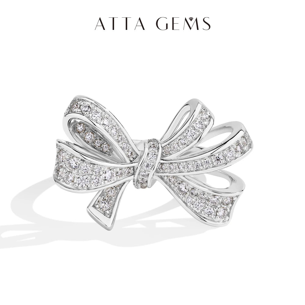 ATTAGEMS Sterling Silver 18K Gold-Plated Bow-Knot Shaped Gold-Silver Full Moissanite Shiny Clear White Imitation Diamond Stones Prong Wedding Solitaire Bands Rings/Colors-Silver/Gold/White