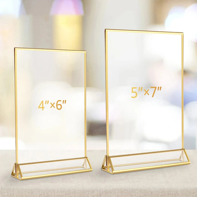 Indoor Gold Edge Color Rectangle Rounded Corner Transparent Clear Acrylic Tabletop Flyer Holder Display Stand Triangle Frame Base/2 Sizes: 4 x 6 Inches-5 x 7 Inches