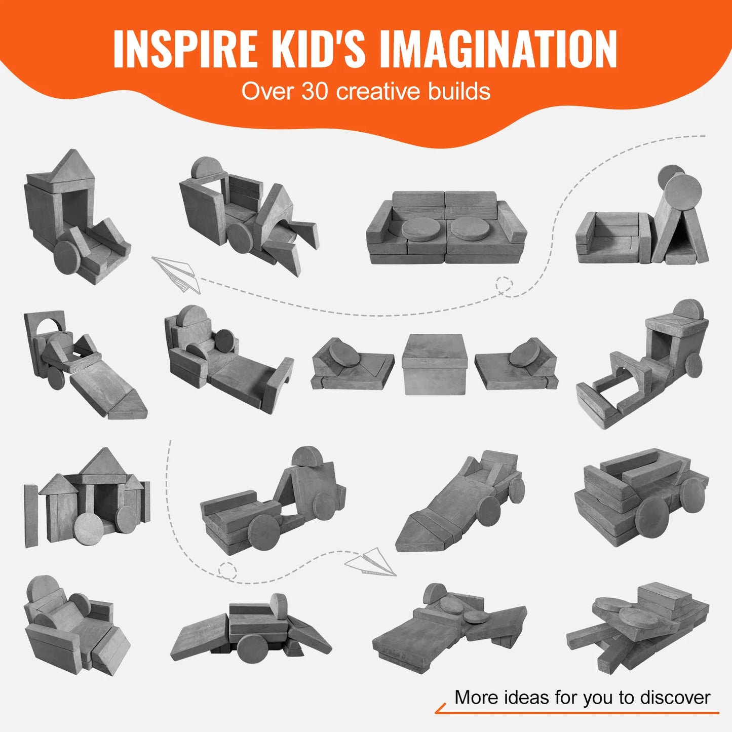 10 PCS VEVOR Kids Gray Geometric Shape High-density 25D Sponge Play Couch/Ages: 18 Months-Older/15 Shape Components