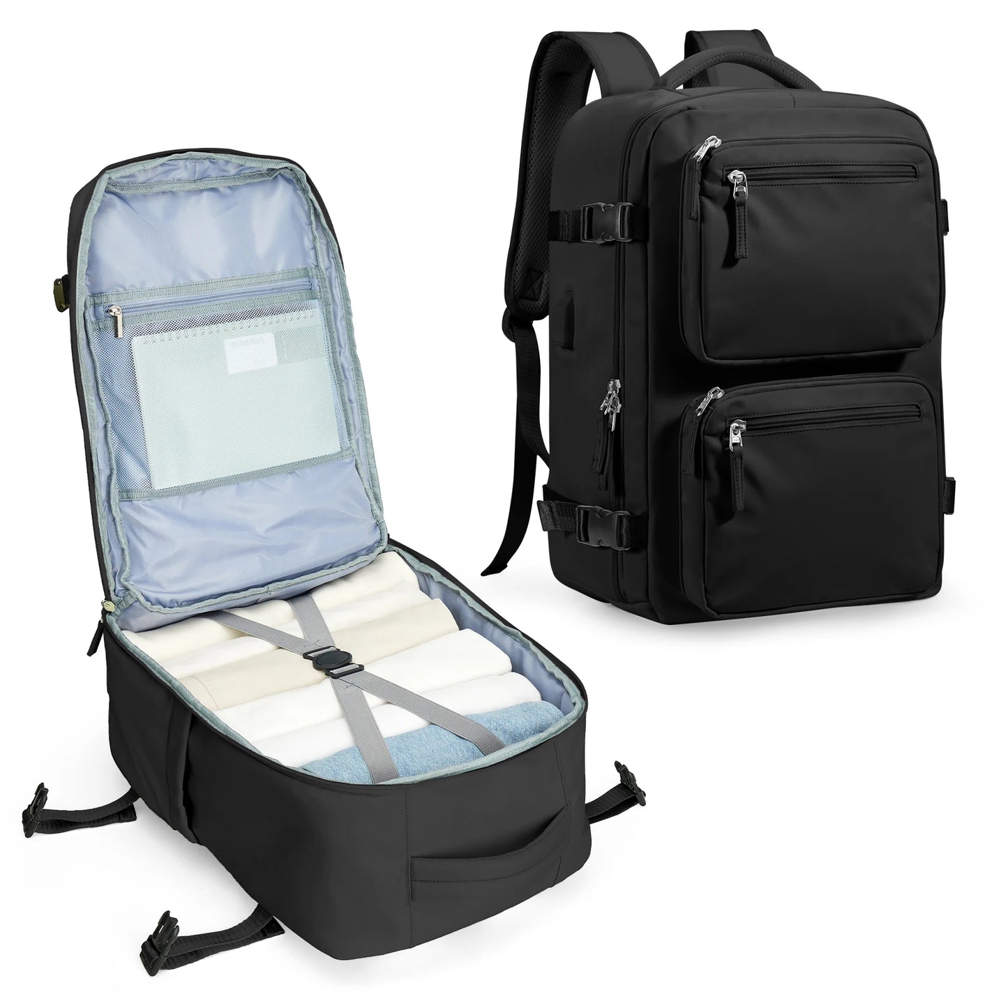 Waterproof Large Travel Nylon Backpack Bags/Detachable Handles-Straps/Multi-Pockets/USB Charger Port/Power Bank-Cable/Laptop Pocket/Colors-Green/Black/Gray/Anti-Theft Pocket