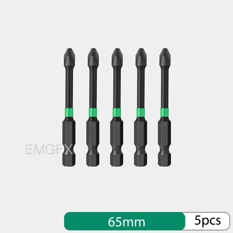 EMGFX 5 PCS Set Mechanic Design Impact Resistant Phosphating Black-Green Coating Alloy Steel Phillips Screw Head Low Magnetic Screwdriver BITS For Drills