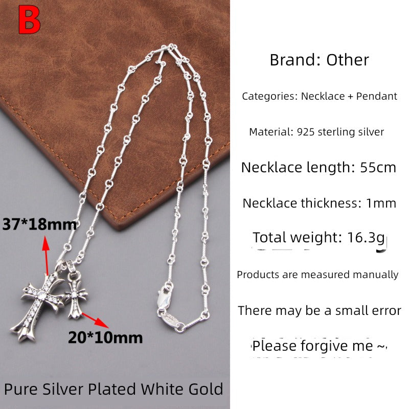 Adult Unisex Fine Imitation Silver-Gold-Plated Clear White Shiny Diamond-Like Gemstones-Silver Metal Cross Pendant Necklaces
