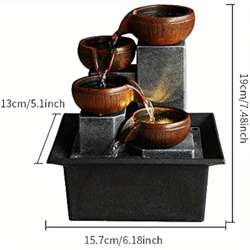 Feng Shui Plastic LED Lights Tabletop 4-Tier Brown Clay Pots Sitting On 4 Silver Square Pillars Water Flowing Black Fountains