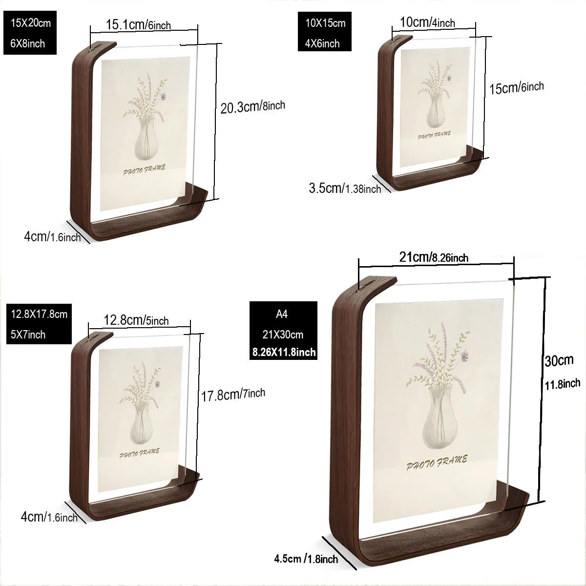 Rectangle Double-Sided Clear Acrylic Cover L-Shape Beech Wood Base A4 Photo Frames/Colors-Brown/Beige/Clear