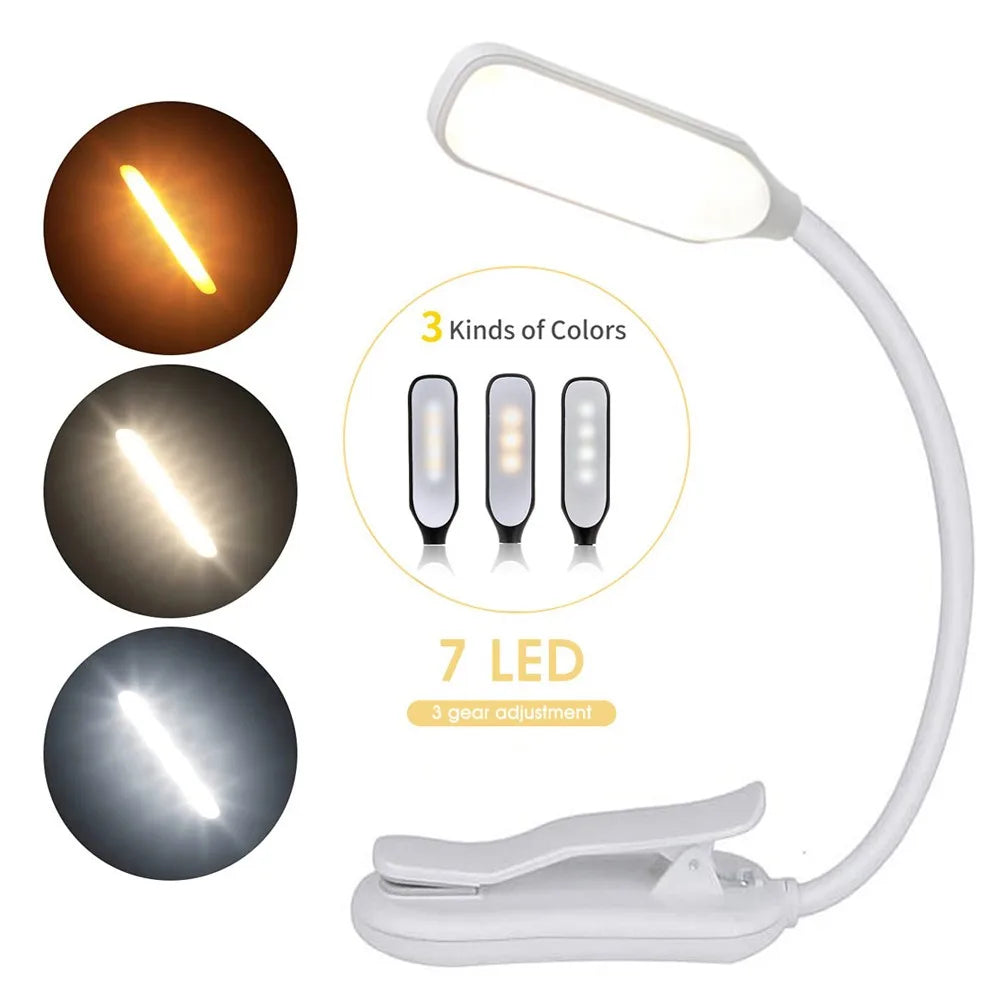 Plastic Anti-Blue Light 7 LED Book Light Micro USB Rechargeable Port 3-Level Warm-Cool-Daylight Portable Flexible Easy Clip-On Reading Lamps/Built-In Rechargeable Lithium Battery/Colors-Black/White