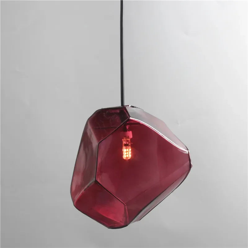 Indoor ART DECO Colorful LED Stone Shape Glass Cord Pendant Ceiling Light Fixtures/ Colors-Red/Blue/Brown/Yellow/Clear