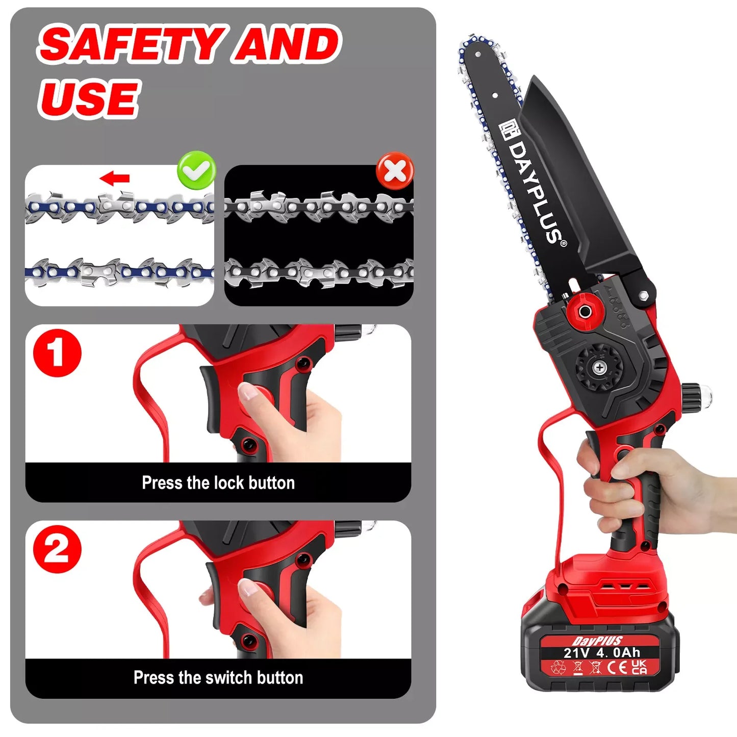 DAYPLUS Outdoor Rechargeable Safe-Lock Off Button 8 Inch Mini Plastic Red-Black Body Cordless Brushless Motor Battery-Powered Electric Metal Gas Chainsaws Carrycase Kit