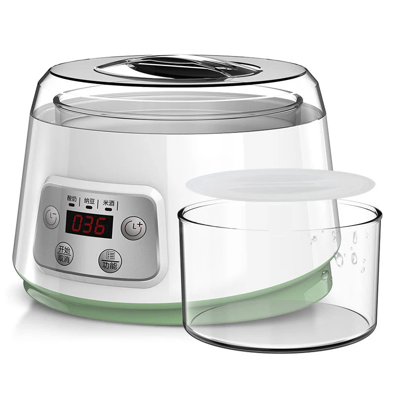 Borosilicate Glass Low-High Non-Adjustable Temperature PTC Heating Element Automatic Power-Off Yogurt Maker Machines/ 3-1 Functions: Yogurt-Natto-Rice Wine/Colors-Clear/White/Power: 20 Watts-220 Voltage