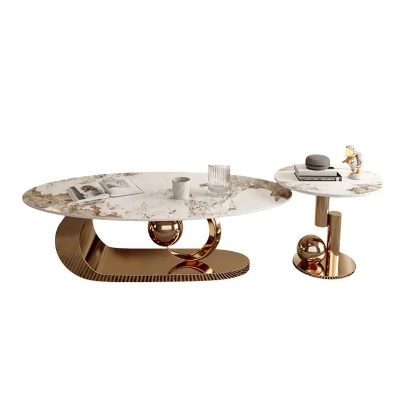 2 pcs Marble Topped Oval-Shaped Coffee Table Gold Colored Metal Base / Small Round Coffee Table Set/ Size: Oval Table 42cm H x 120/130cm W/ Size: Small Round 50cm W x 48cm H