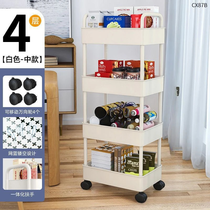 3-5 Tiers Plastic Kitchen Shelves Storage Caddies/4 Wheels/Colors-White/Black