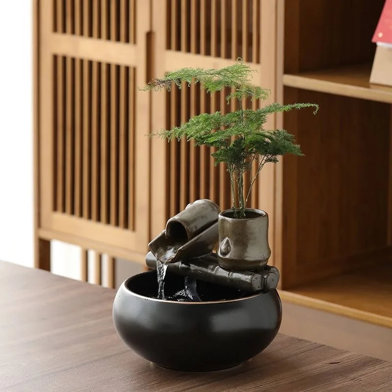 Desktop Glazed Ceramic Clay-Enamel Plant Rocky Landscape PET Flowing Drinking Water Bowl Fountain/Colors-Brown/Black