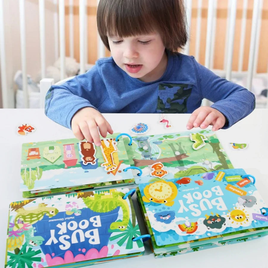 Parent-Child Interaction 3 Rings Early Education Cardboard Paper 6 Themes Quiet Busy Book Brain Development Puzzle Sticker Books/Ages: 3-12 Years Old/ Colors-Multicolor/Blue/Animals