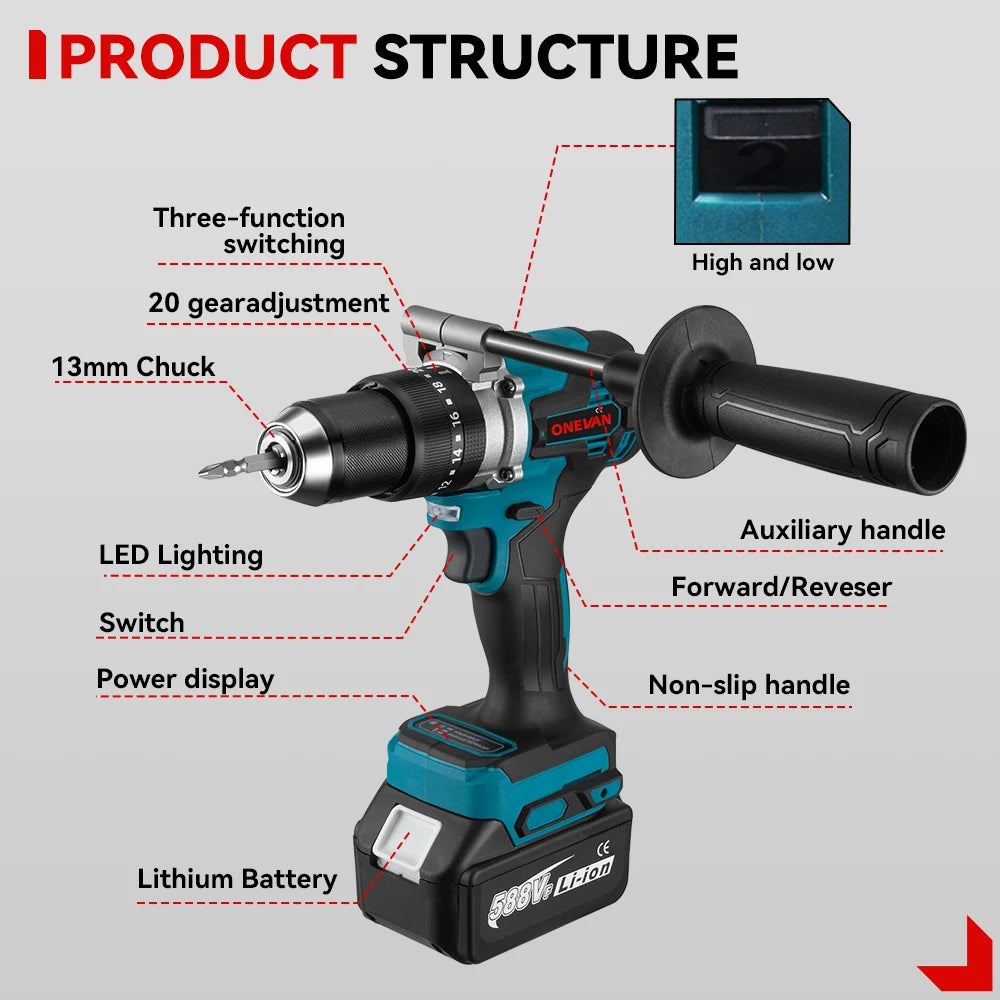 ONEVAN Multicolor Body Metal Keyless Drill Chuck Rechargeable Battery-Powered Cordless Brushless Adjustable Speed-Torque Built-In Lighting Electric Impact Drills Sets/Colors-Black/Blue/Silver/Green/Gray/Multicolor