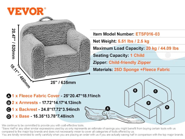 10 PCS VEVOR Kids Gray Geometric Shape High-density 25D Sponge Play Couch/Ages: 18 Months-Older/15 Shape Components