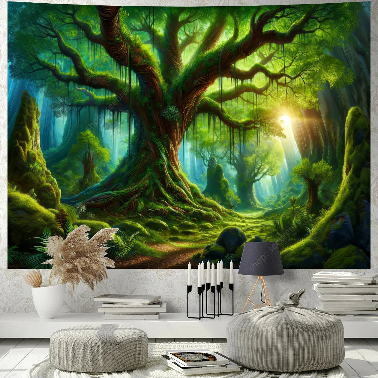 Colorful Green Forest Red Mushrooms Water Flowing Printed Polyester Woven Garden Of Eden Nature Tree Of Life Wall Hanging Tapestries