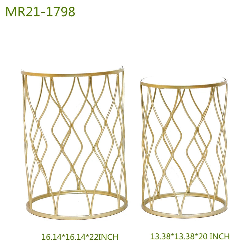 2 pcs Small Round Metal Gold Mirrored Top Surface End Tables/Sizes: 16.14 x 16.14 x 22inch/13.38 x 13.38 x 20inch