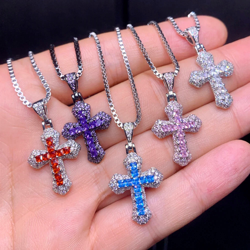 2025 Pink Red White Purple Blue 5 Color Cute Mini Small Colorful CZ Cross Pendant Necklace Hip Hop Men Women Fashion Jewelry