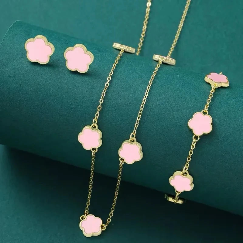3PCS Set Imitation Zinc Alloy Lucky Five-Leaf Clover Jewelry Sets/Necklace-Bracelet-Earrings/Colors-Floral/Gold/Black/White/Silver
