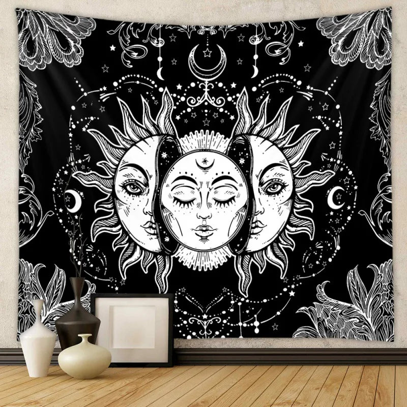 Decorative Polyester-Cotton Black Background-White Printed Nature Tree of Life Design Wall Tapestries/Colors-Black/Orange/Navy Blue/White/Yellow/Multicolor
