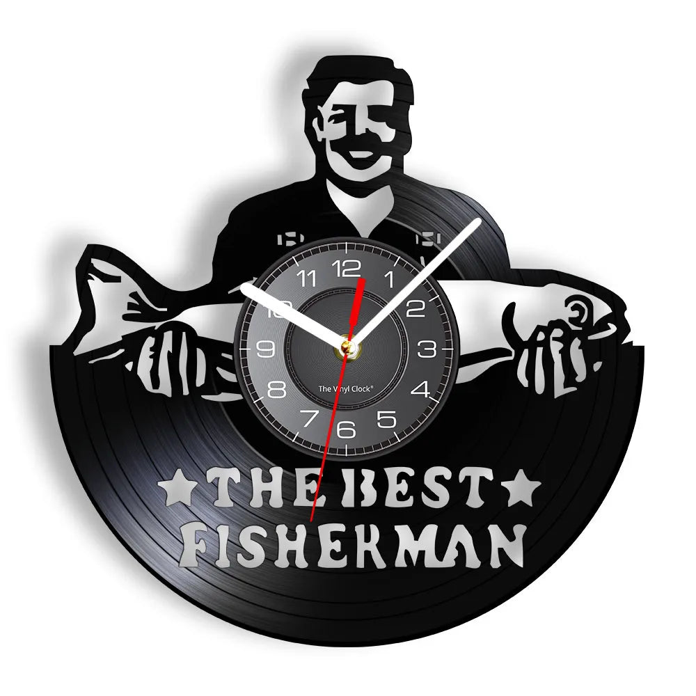 Retro Handmade Plastic Vinyl Record Gone Fishing Silhouette Of Fisherman Catching A Fish With Rod-N-Reel Wall Clocks/Battery Not Included/ 1 AA Battery Size/With-Without LED Light/Colors-Black/Geometric