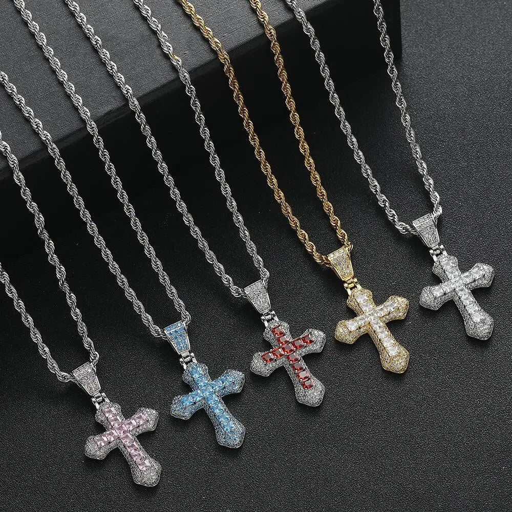 2025 Pink Red White Purple Blue 5 Color Cute Mini Small Colorful CZ Cross Pendant Necklace Hip Hop Men Women Fashion Jewelry