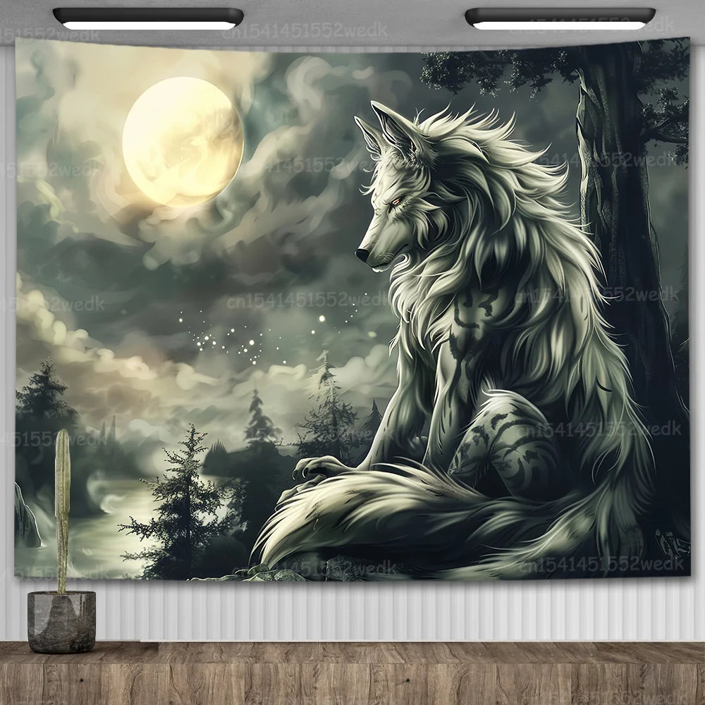 Emo White Wolf Sitting Meme Tapestry Werewolf Tapestries For Bedroom Printed Home Decoration Paintings Room Wall Hanging Posters