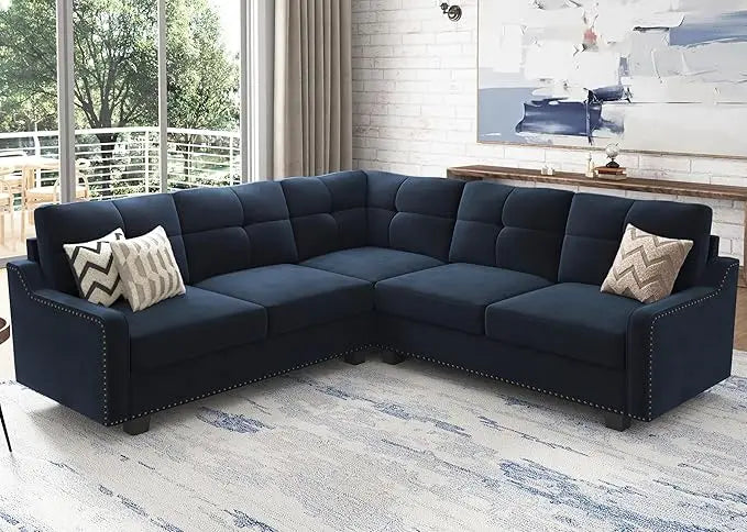 No-EN-Name-Null Modern Medium Firmness L-Shaped Wood Framed Sectional Soft Plush Velvet Fabric Cushions Sofas/Colors-Black/Dark Blue/Dark Gray/Size: (D x W x H): 82.7 x 82.7x 36.2 inches/Weight Capacity: 1,488 lbs