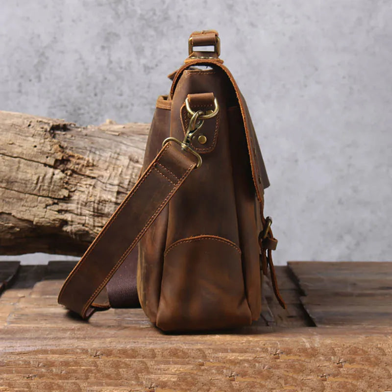 Luufan Brown Men Cow Leather Briefcase Zipper Bags/Handles-Shoulder Straps/Built-In Laptop Compartment/Fits 14 Inch Laptop