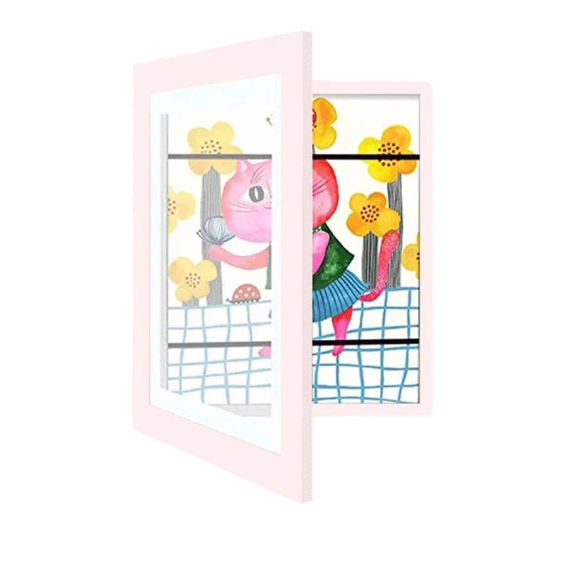 Kids Rectangle Wood Trim Frame Clear Acrylic Magnetic Suction Closure Display A4 Artwork Frames/Colors-Black/Brown/White/Beige/Blue/Elastic Band/Hook