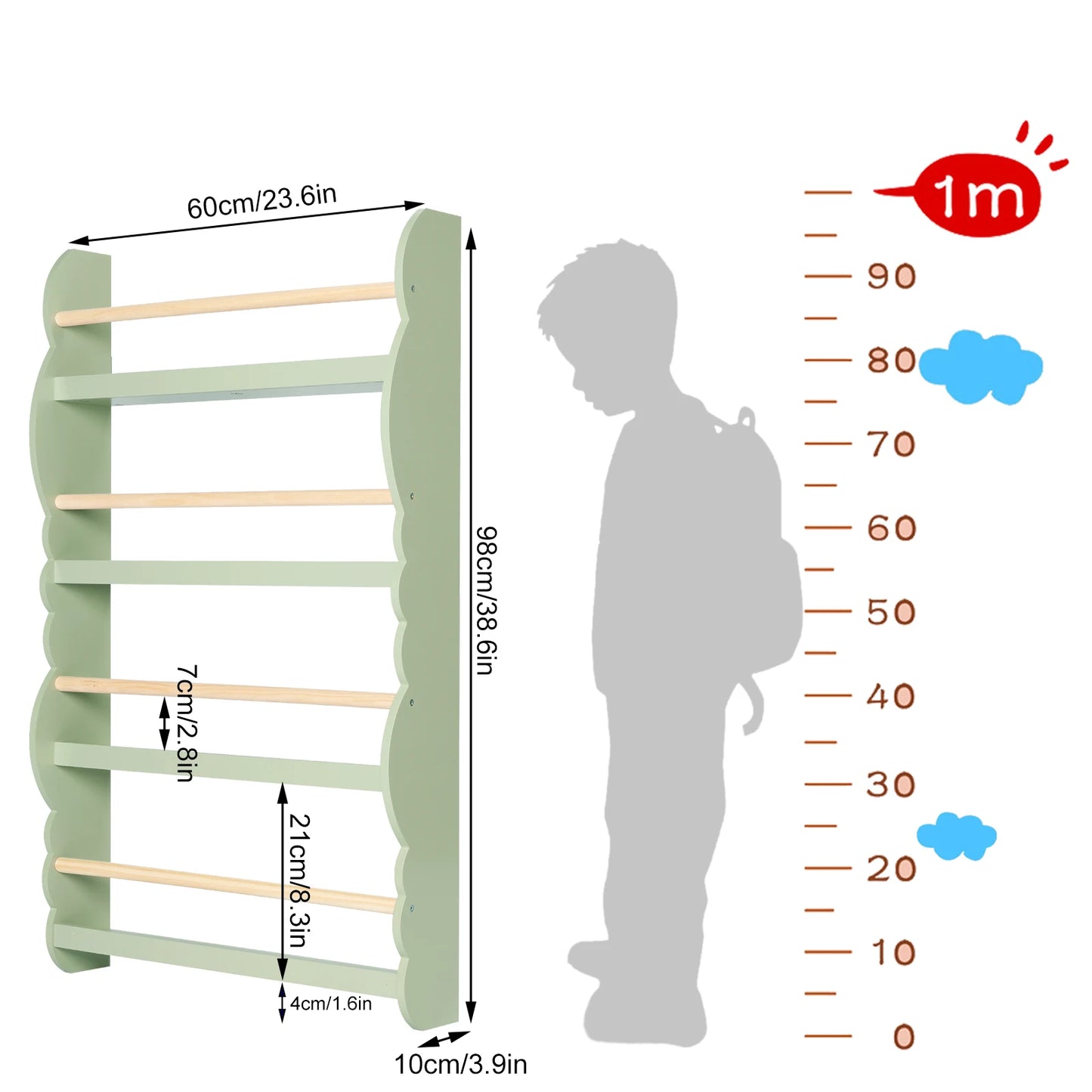 WOLTU Kids Modern Four-Open Display Shelves Eco-Friendly Water-Base Green Paint E1 Pine Wood Bars Wall-Mounted Rack Bookcases/Colors-White/Green/Gray/Ages: 3 Years Old And Older