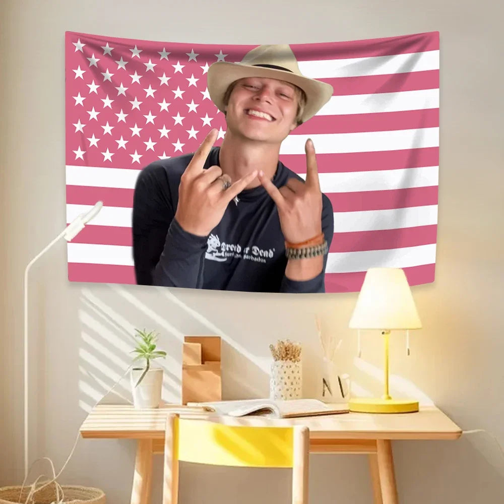Customized Indoor Rectangle Polyester Printed JJ Outer-Banks Pink-White Flags-America Flag Tapestries/Colors-Red/White/Pink/Multicolor