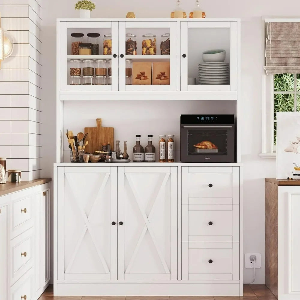 Wood Farmhouse Style Kitchen Cabinet Hutch /Countertop / Anti-Tip Device /Charging Station/3 Metal Rail Drawers/ 5 Cabinets-3 Glass Doors/2 Wood Doors/Size: 15.7"D x 39.4"W x 70.9"H/Colors-White/Black/Beige