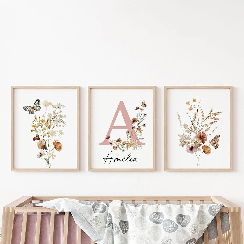 Baby Unframed Personalized Watercolor Wildflowers/Alphabet Canvas Waterproof Ink Prints/Colors-Floral/White