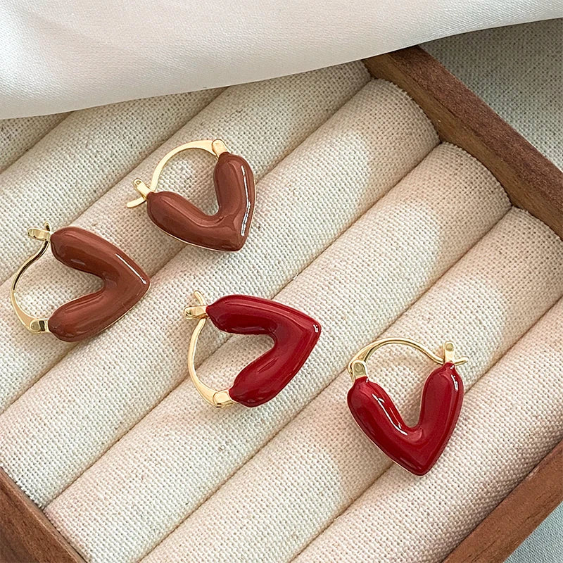 Women Imitation Red Wine Enamel Heart Shaped Tear Drop Gold Copper Earrings