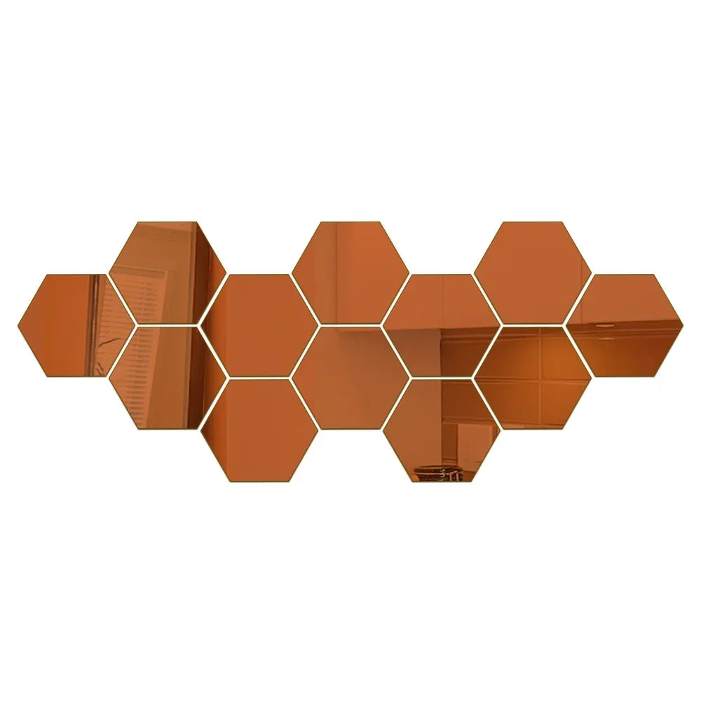 6/12pcs 3D Hexagon Mirror Wall Sticker /Colors-Rose Gold, Blue, Multicolor, Silver, Black, Red, Golden
