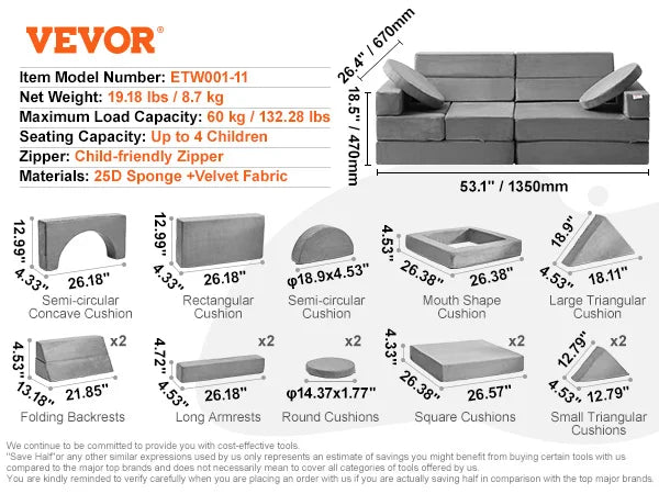 10 PCS VEVOR Kids Gray Geometric Shape High-density 25D Sponge Play Couch/Ages: 18 Months-Older/15 Shape Components