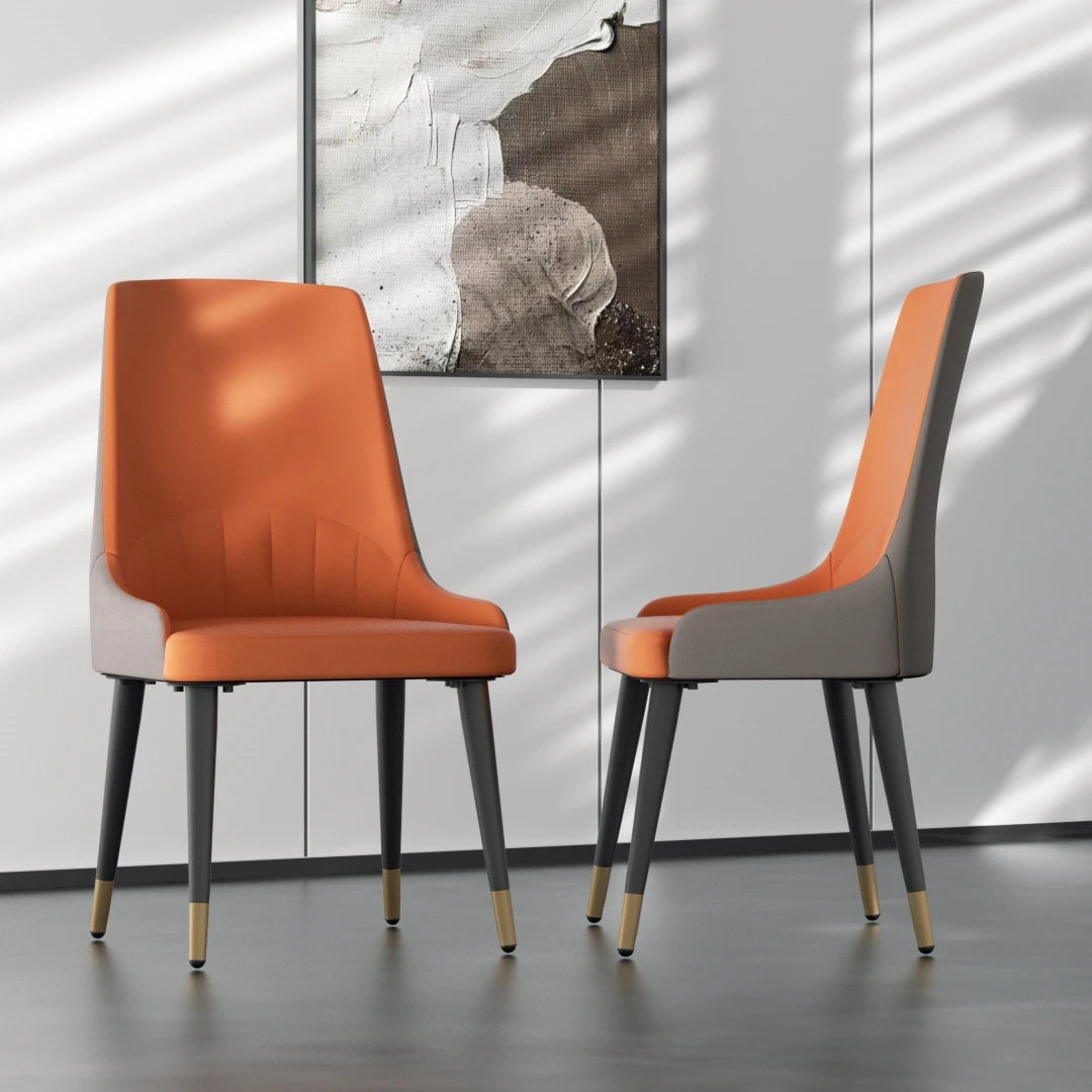 2 PCS Set LUVODI Orange-Grey Upholstered Faux Leather Dining Chairs/ Low Armrest/ Metal Legs