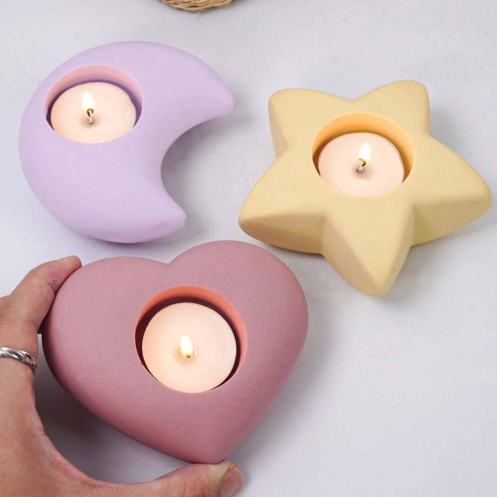 3D Tea Light Candleholder Silicone Concrete Milky White Molds/ Star-Moon-Heart Shape