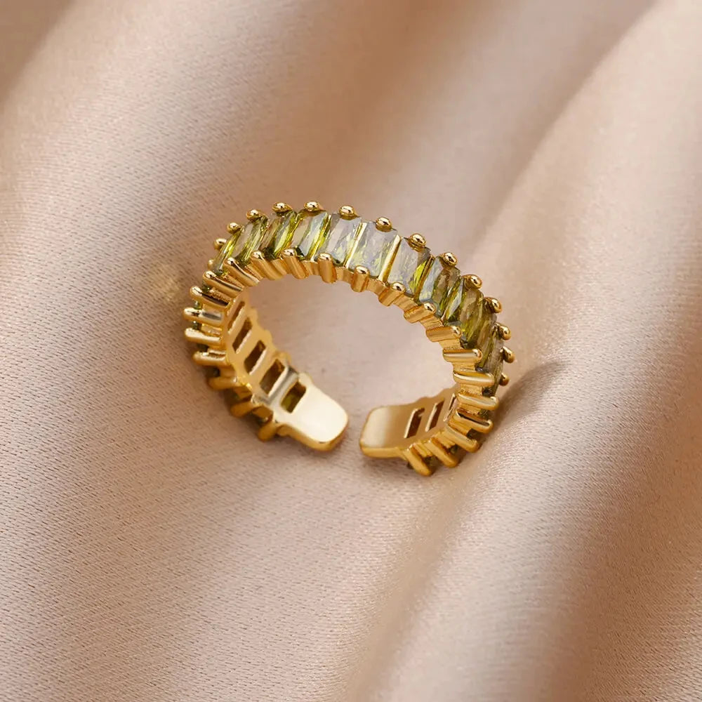Colorful Square Zircon Anti-Acid-Alkali Stainless Steel Imitation Gold Mood Tracker Crystal Open Finger Rings/Colors-Geometric/Multicolor/Gold/Green/Red