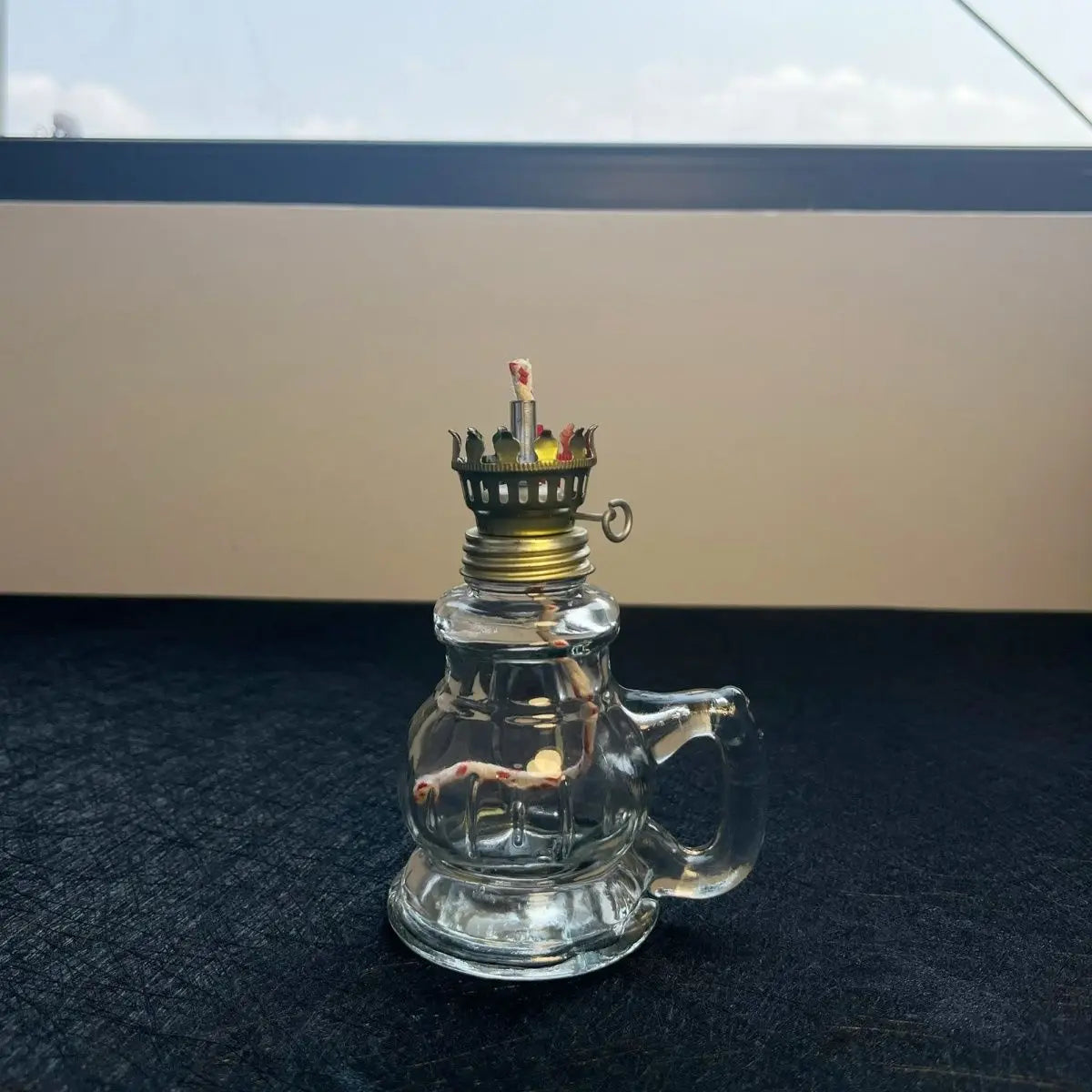 Indoor Desktop Windproof Mini Glass-Metal Kerosene Oil Lamps/Glass Lampshade/Removable Wick /Color-Transparent/Green