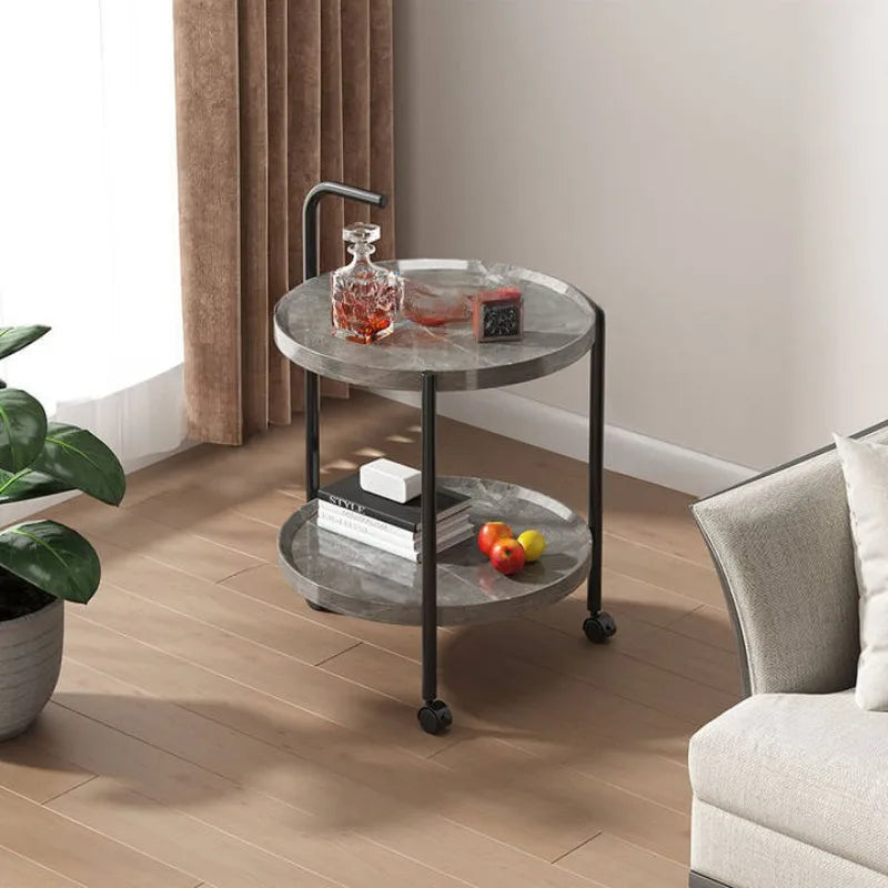 Wood Colored Small Double Layer End Table /3 Tripod Wheels/ Metal Frame/Colors- Gray/Brown/White