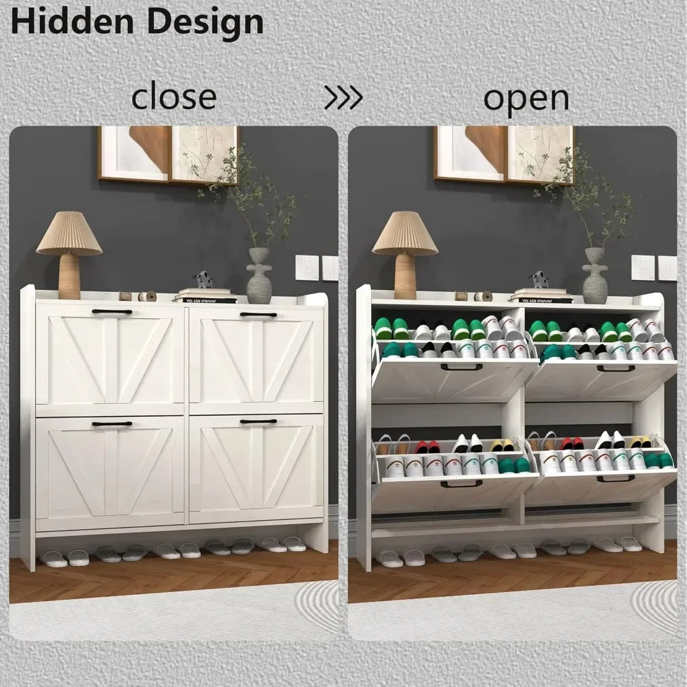 Wood Shoe Cabinet w/ 4 Flip Drawers, Shoe Storage Cabinet for Entryway/Dimensions: 9.3"D x 41.9"W x 35.4"H/Colors- Rustic Brown/ White