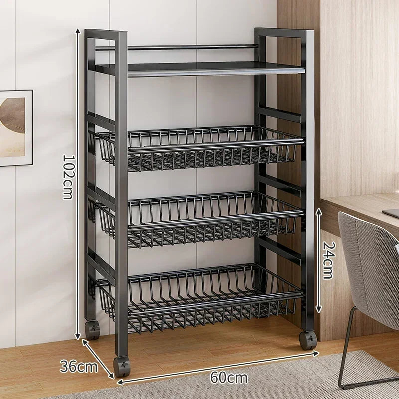 Kitchen Black-Brown Color Adjustable Height Pine Wood-Metal Storage Rack Movable Carts/360° Rotating Wheels