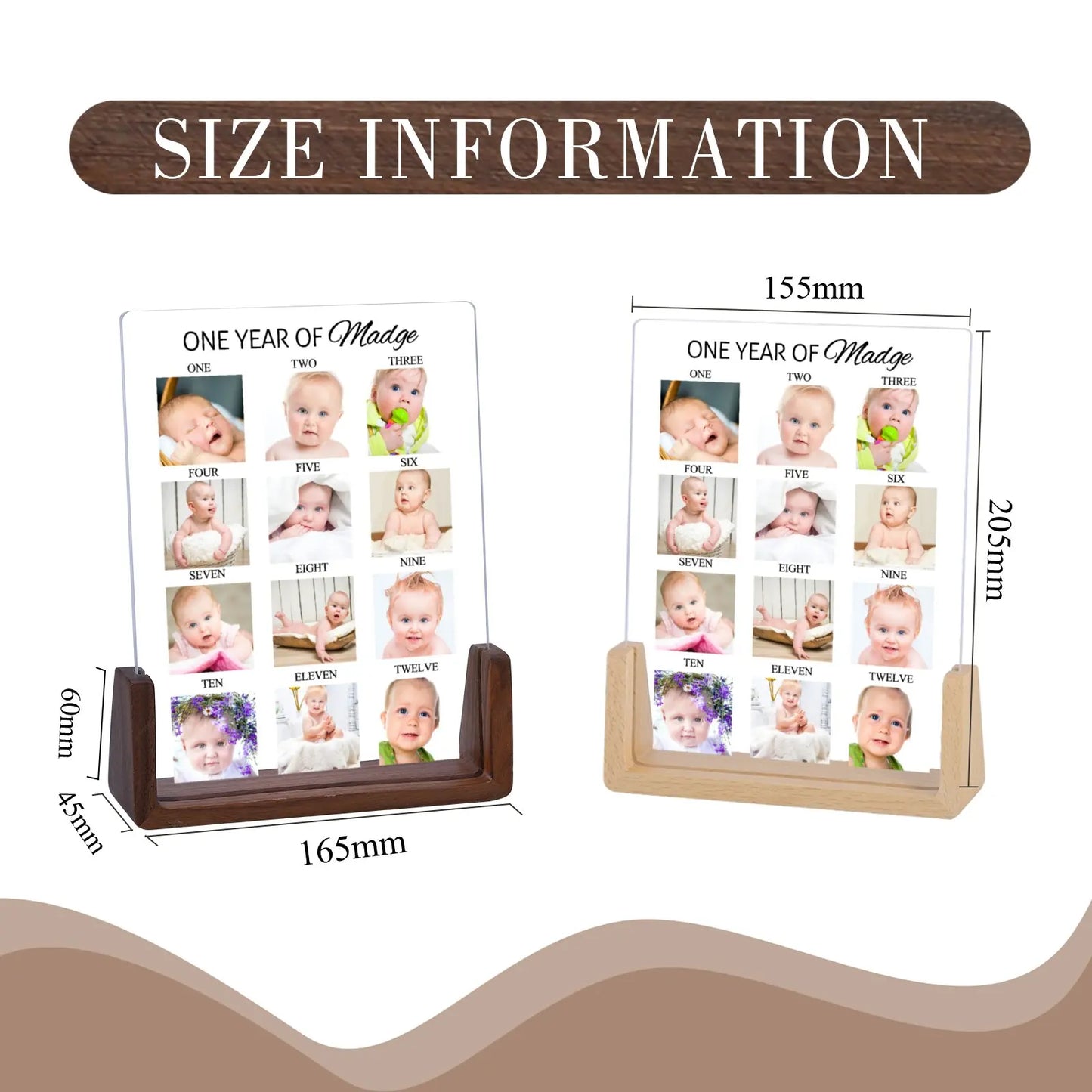 Customized Wood Base Clear Acrylic Plate Rectangle Newborn Babies First Year 12 Photo-Babies Name Display Frames/Colors-Brown/Beige/Clear
