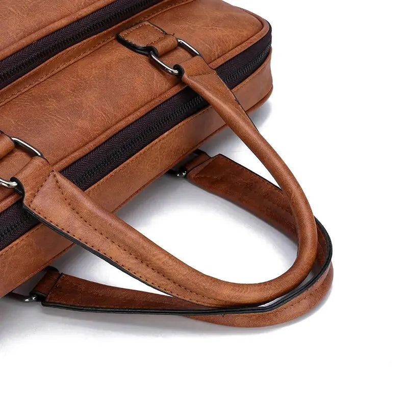 Men Large Faux Leather Waterproof One Shoulder Strap-Handle Crossbody Design Document Bag Briefcase/Zipper/Polyester Lining/ For Tablet-IPAD/Fits 15 Inch IPAD-Tablet Colors-Brown/Black